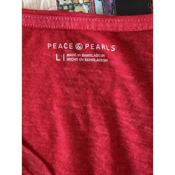 PEACE & PEARLS Red Burnout Tee Shirt L Lightweight Short Sleeve Lipstick - Picture 2 of 5